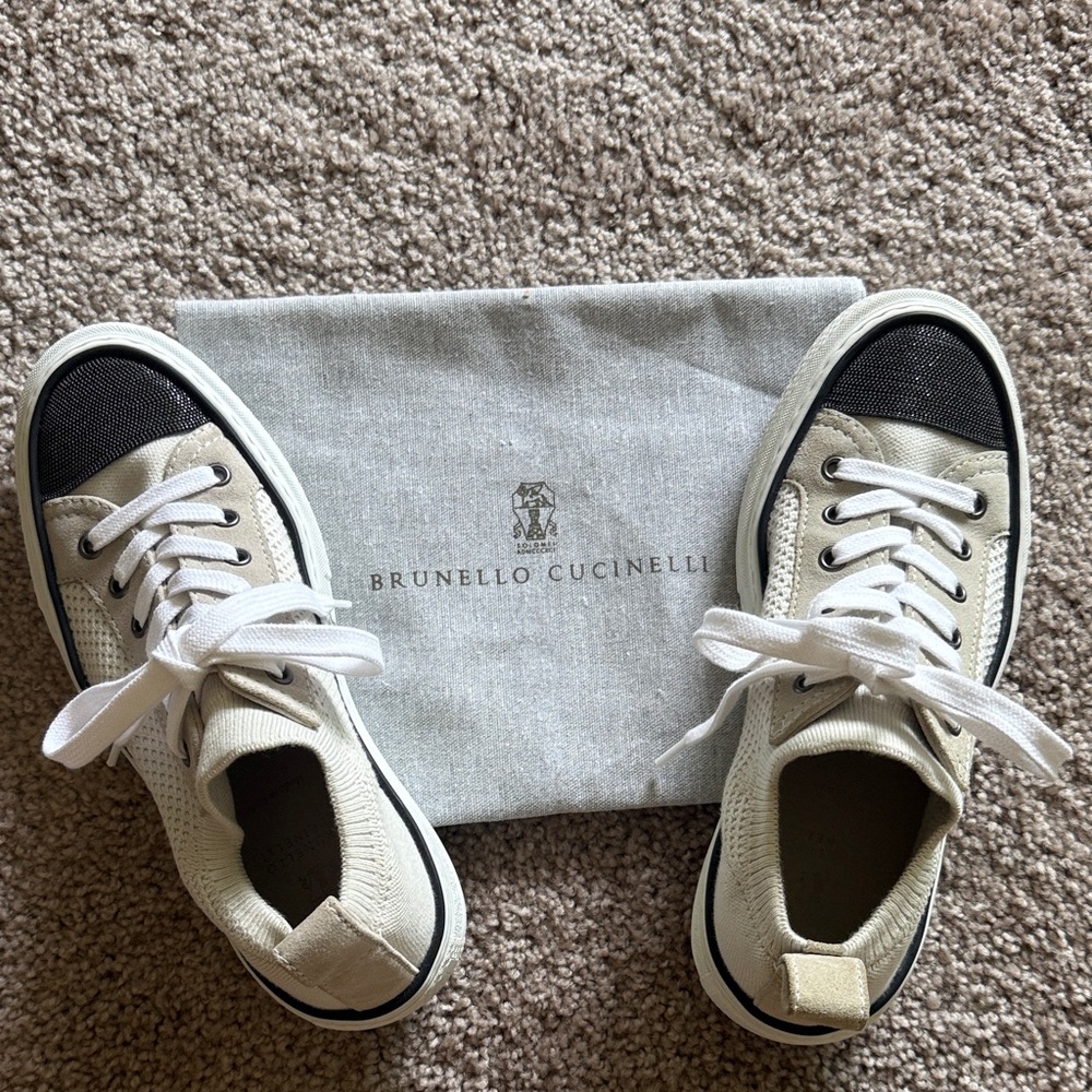 Brunello Cucinelli Cream Sneakers with Black Toe Caps
